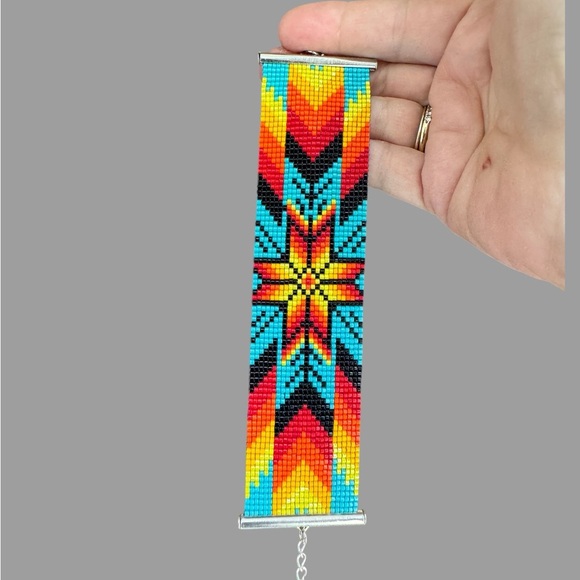 Native American Beaded Wide 1.4 inch Adjustable Cuff Bracelet w/ Diamond Motif - Picture 7 of 9